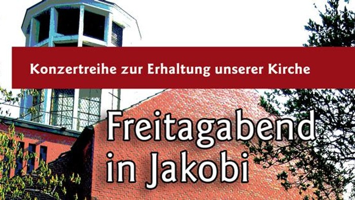 Das Bild zeigt eine Kirche mit einem Turm und Bäumen, mit Text in Deutsch