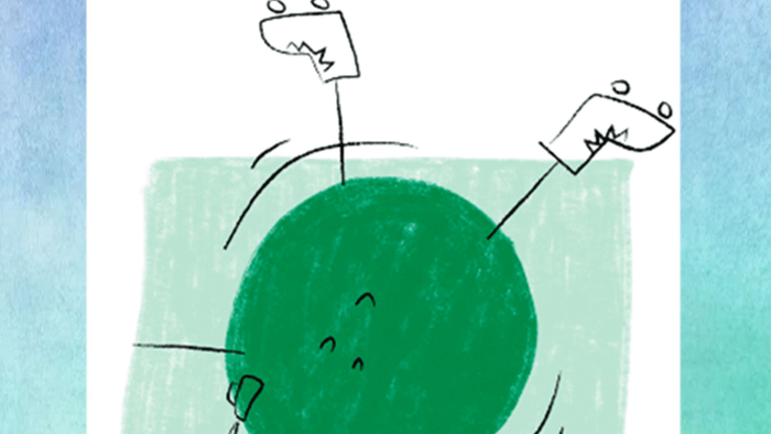 En simpel skitse af en grøn planet med to hænder, der holder den ovenfra.