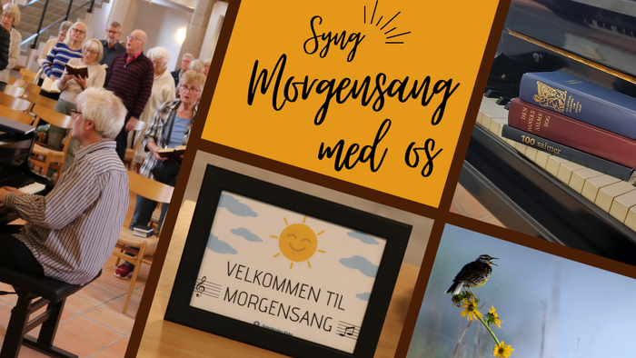 En samling af billeder fra en morgenandagt med musik og velkomstskilt