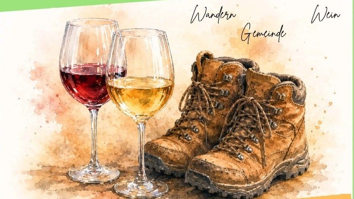 Das Bild zeigt zwei Gläser Wein und ein paar Wanderschuhe mit den Begriffen Wandern, Gemeinde und Wein.