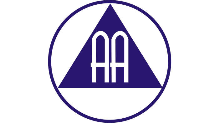 Blaa trekant med to A's i midten omgivet af en cirkel