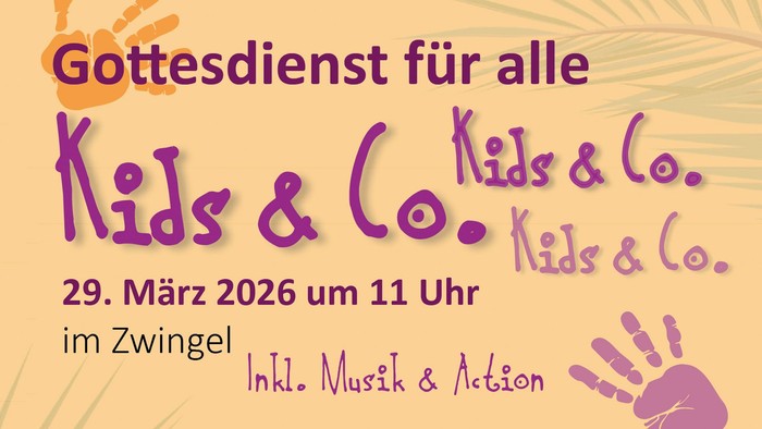Eine Einladung zu einem familienfreundlichen Gottesdienst am 29. März 2026 mit Musik, Action und Aktivitäten für Kinder.