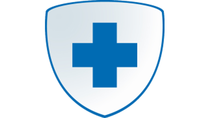 Das Bild zeigt ein blaues Schild mit einem Kreuzsymbol