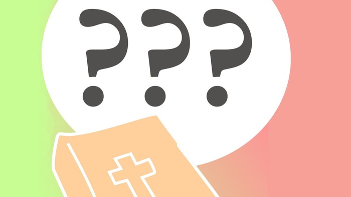 En Bibel med et korssymbol og en taleboble med spørgsmålstegn, der antyder åndelig undersøgelse eller tvivl.