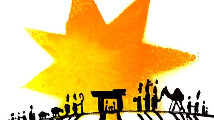 Illustration einer großen Sonne mit einem Zug und Menschen darunter.