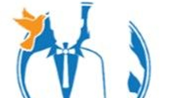 Et blå logo med en fugl og en person i sirkel.