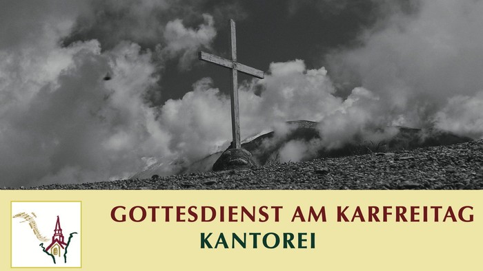 Ein Kreuz steht auf einem Hügel mit dunklen Wolken im Hintergrund, mit dem Text