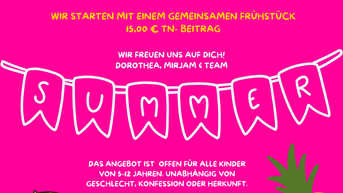Plakat für einen Sommerworkshop für Kinder von 5 bis 12 Jahren in Kassel, 13.–17. Juli 2026, mit Strandmotiven und QR-Code.