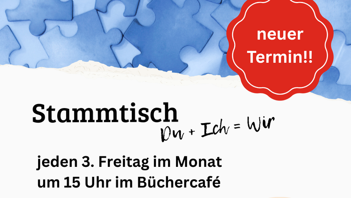 Flyer für eine Veranstaltung im Buchcafé, mit Puzzleteilen und einem roten Abzeichen mit der Aufschrift *„neues Semester!“*.
