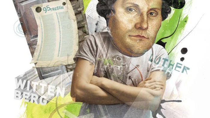 Das Bild zeigt ein Collage mit einem Porträt von Martin Luther und verschiedenen Elementen.