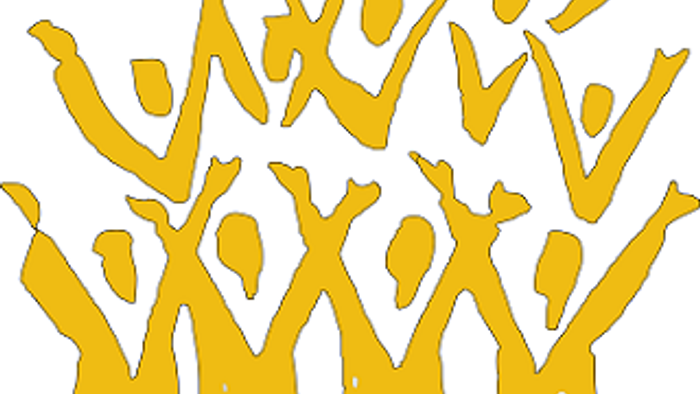 En gruppe af mennesker hyber med arme i luften