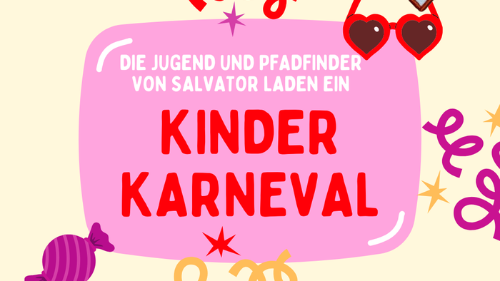 Ein buntes Plakat, das Jugendliche und Pfadfinder aus Salvator zu einem Kinder-Karneval am 15. Februar 2026 einlädt.