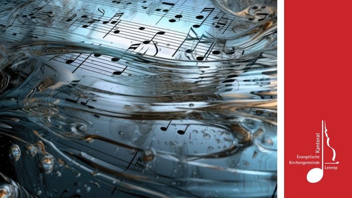 Abstrakte musikalische Notation, die sich mit metallischen, futuristischen Visuals vermischt, und ein rotes Banner-Logo.