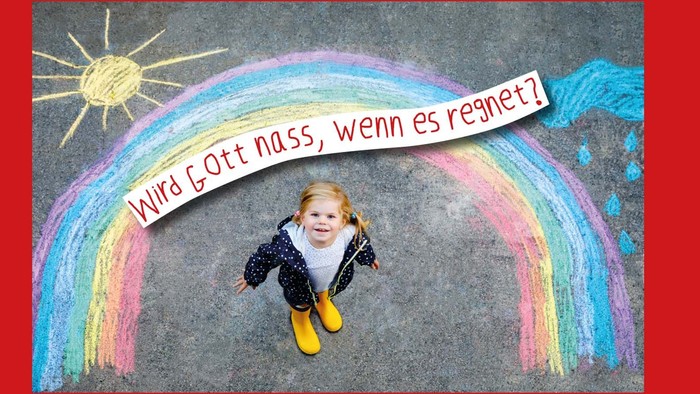 Ein Kind steht unter einem bunt gemalten Regenbogen mit der Frage 