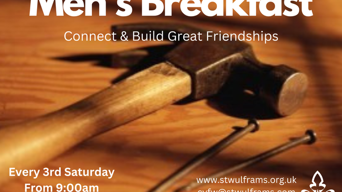 Poster for Men's Breakfast event, showing tools on wood, with details and website.