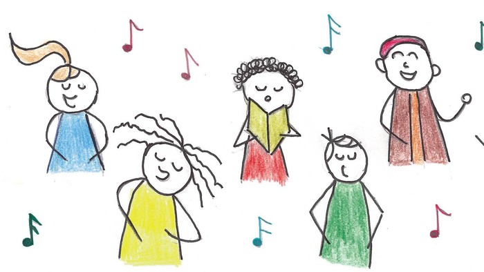 Fünf Kinder singen fröhlich und sind bunt gekleidet