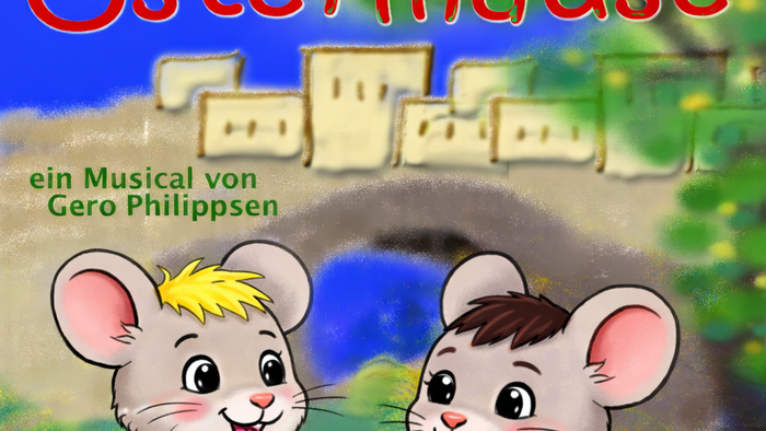 Ein farbenfrohes Musikplakat mit zwei fröhlichen Mäusen mit dem Titel *„Die Ostermäuse“* von Gero Philippsen.