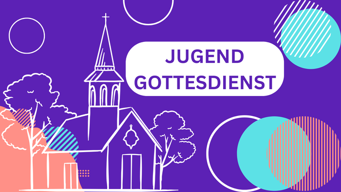 Bunte Grafik zur Förderung des religiösen Jugendgottesdienstes mit Kirchenillustration und abstrakten dekorativen Elementen.