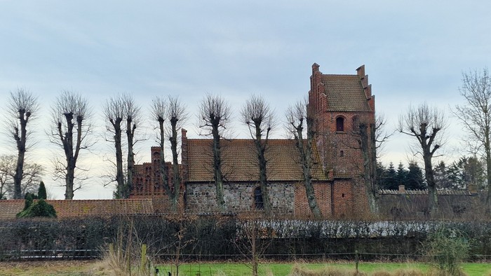 Det gamle slot er omgivet af træer og en mur.