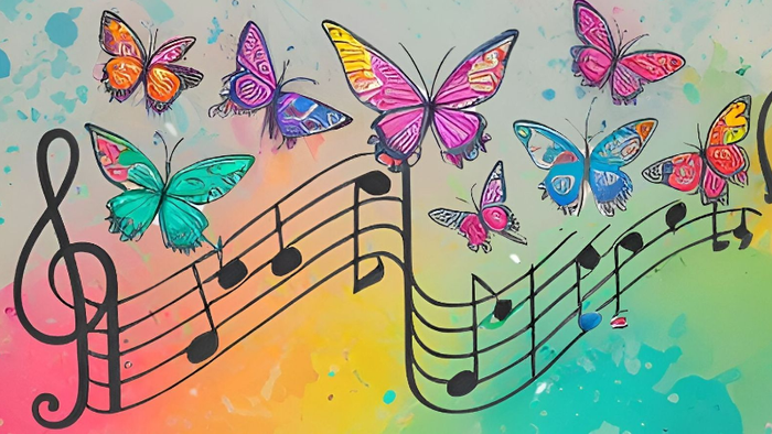 Billede af musiknoter og farvede sommerfugle på farvelagt baggrund