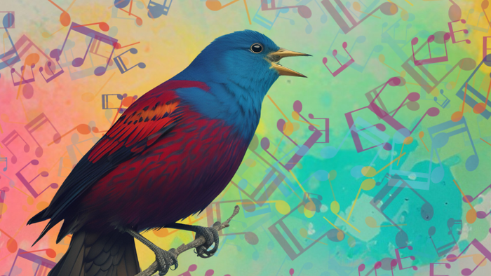 Farverig fugl siddende midt i en eksplosion af farverige, abstrakte noder.