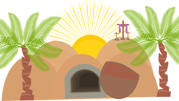 En illustret ørkenhule med palmeblade og sol