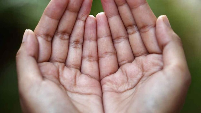 Åbne håndflader hviler blidt mod en udflydende grøn baggrund.