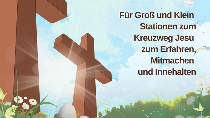 Kirchenankündigungsplakat für den Karfreitagsgottesdienst mit Kreuzweg in Fulda, mit Kreuzen und Blumen.