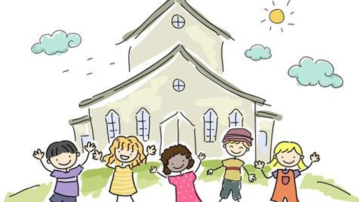 Children playing happily in front of a church