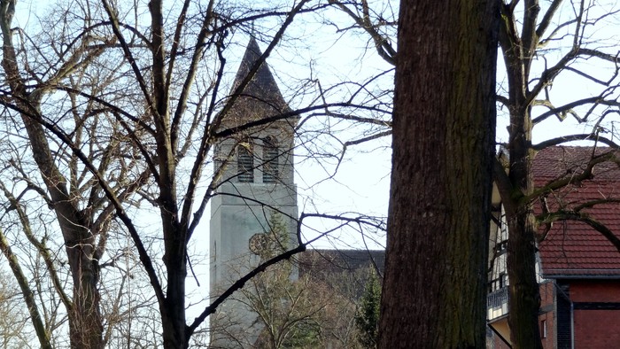 Ein Kirchturm ragt hinter Bäumen empor, daneben ein rotes Gebäude.