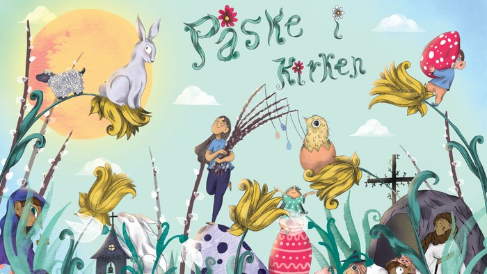 Påske plakat med billeder af børn, påskeliljer, kirke og meget mere