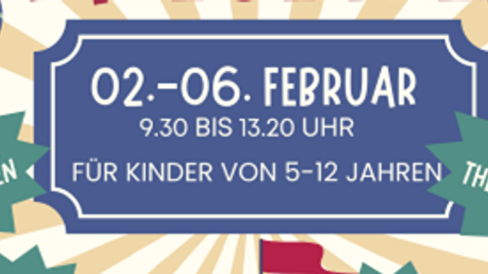 Plakat für die Kinderbibelwoche vom 2.–6. Februar mit Aktivitäten und Shows.