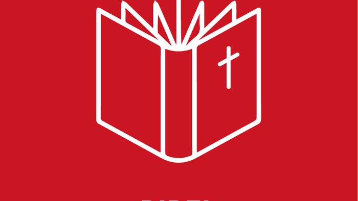 Billedet viser en åben bibel med et kors i midten på rød baggrund