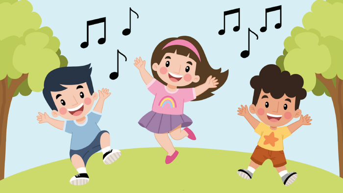 Drei fröhliche Kinder tanzen im Park unter Musiknoten