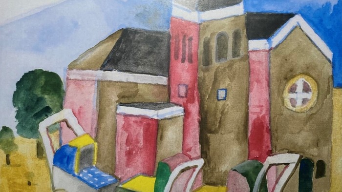 Et farverigt maleri af en kirke med legetøjslastbiler foran