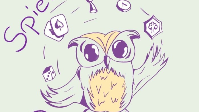 Ein Eulenlogo mit Spielsymbolen für 