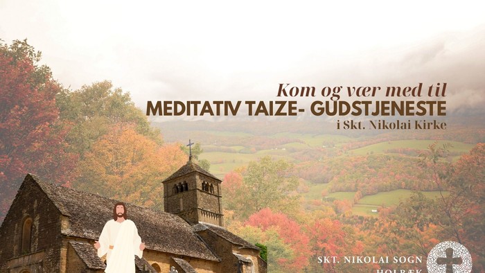 Billedet viser en kirke med en person i hvid klæde og teksten 