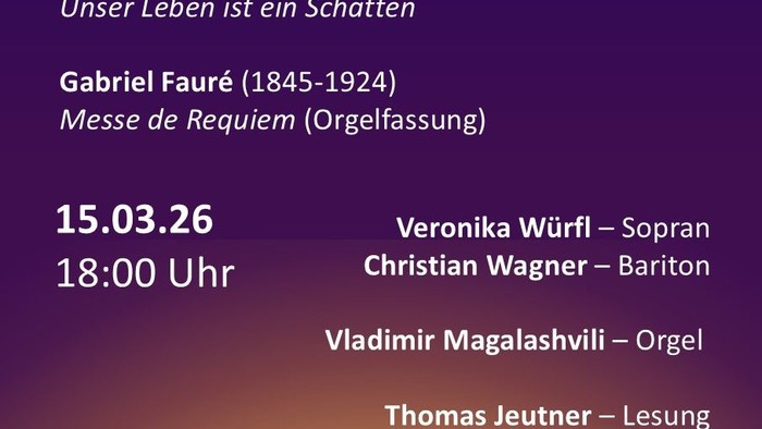 Plakat für ein Chorkonzert mit Werken von Bach und Fauré – Eintritt frei, Spenden während der Passionszeit willkommen.