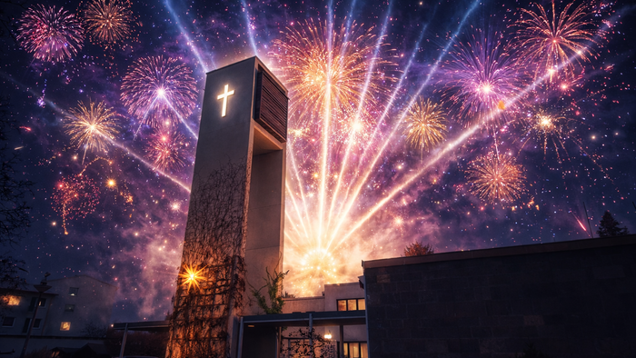 Die Kirche Neu-Buckow bei Nacht und einem Neujahrsfeuerwerk.