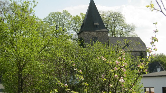 Ein Kirchengebäude mit hohem Turm, umgeben von üppigen grünen Bäumen und Büschen mit weißen Blüten.