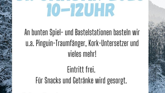 Plakat für ein festliches Kinderfest mit Bastelaktivitäten, freiem Eintritt und Snacks am 31. Januar 2026.