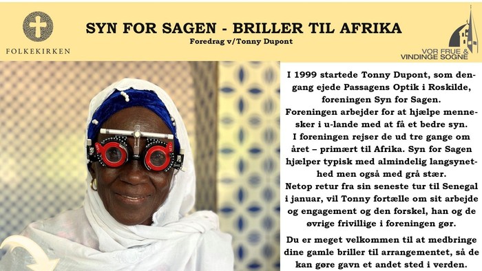 En plakat, der annoncerer et foredrag om Tony Duponts arbejde med at forsyne afrikanere med briller for at forbedre synet.