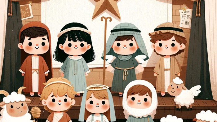 Ein fröhliches Weihnachtsbild mit vielen Kindern und Schafen vor einer Krippe