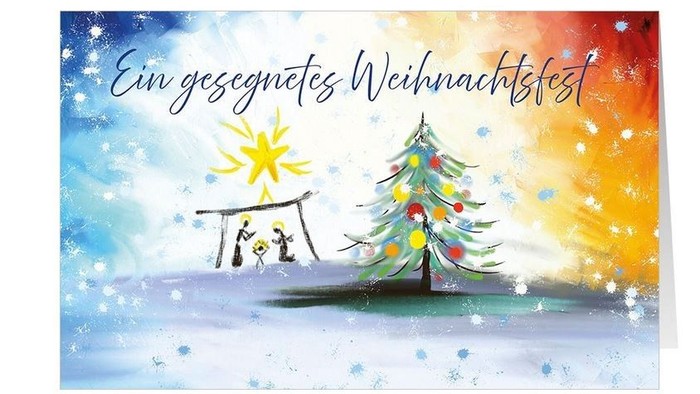Ein gemaltes Weihnachtsfest mit Familie und Christbaum