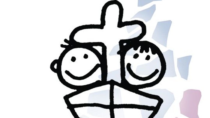 Ein lustiges Gesicht mit zwei Augen und einem großen Lächeln, darunter der Text 