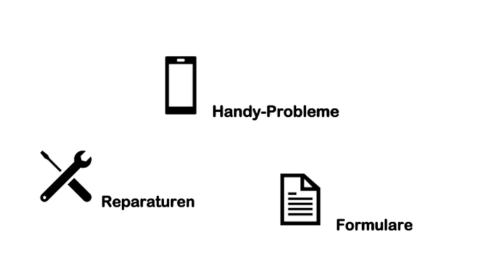 Das Bild zeigt Symbole für Handy-Probleme, Reparaturen und Formulare