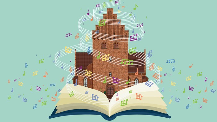 En tegnede illustration af en borg på en bog, omgivet af noter og musikstykker