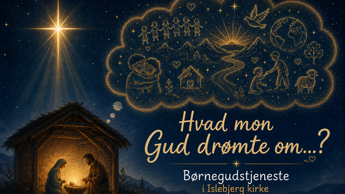 Juleplakat, der inviterer børn til en gudstjeneste om Guds drømme, med motiver af krybbescenen og stjerner.