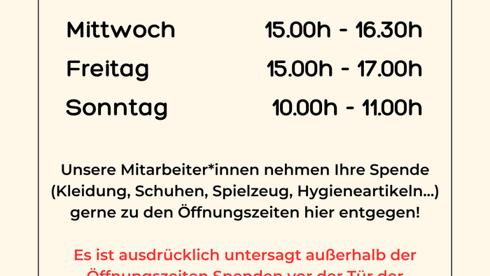 Logo der Kirche, eine Cliphose und die Öffnungszeiten der Kleiderkammer