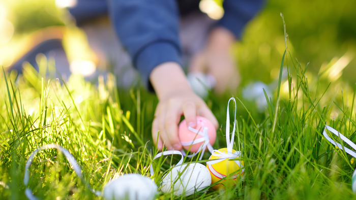 Et barn leger med farverige påskeæg på en græsklædt mark, holder et i hånden mens andre ligger spredt rundt omkring.